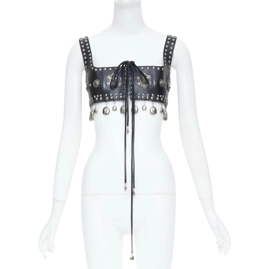 Alexander McQueen SS 2017 - Studded lace up charm calfskin leather bra top