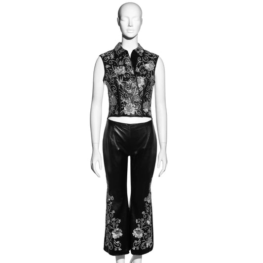 Dolce & Gabbana FW 1999 - Black embroidered leather pant suit with embellishments