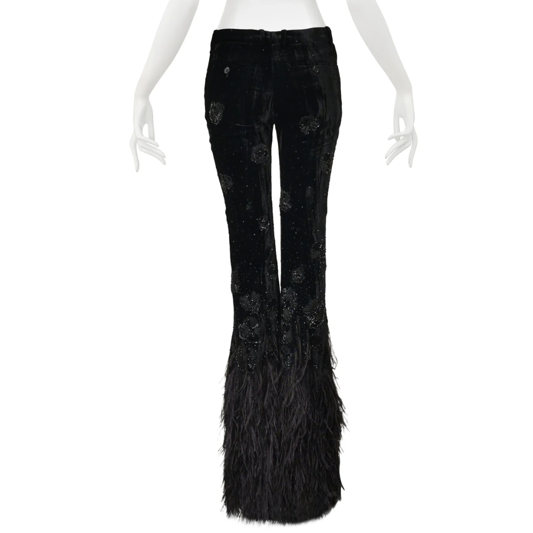 Saint Laurent AW22 Paris Black velvet and feather flare pants with intricate beading