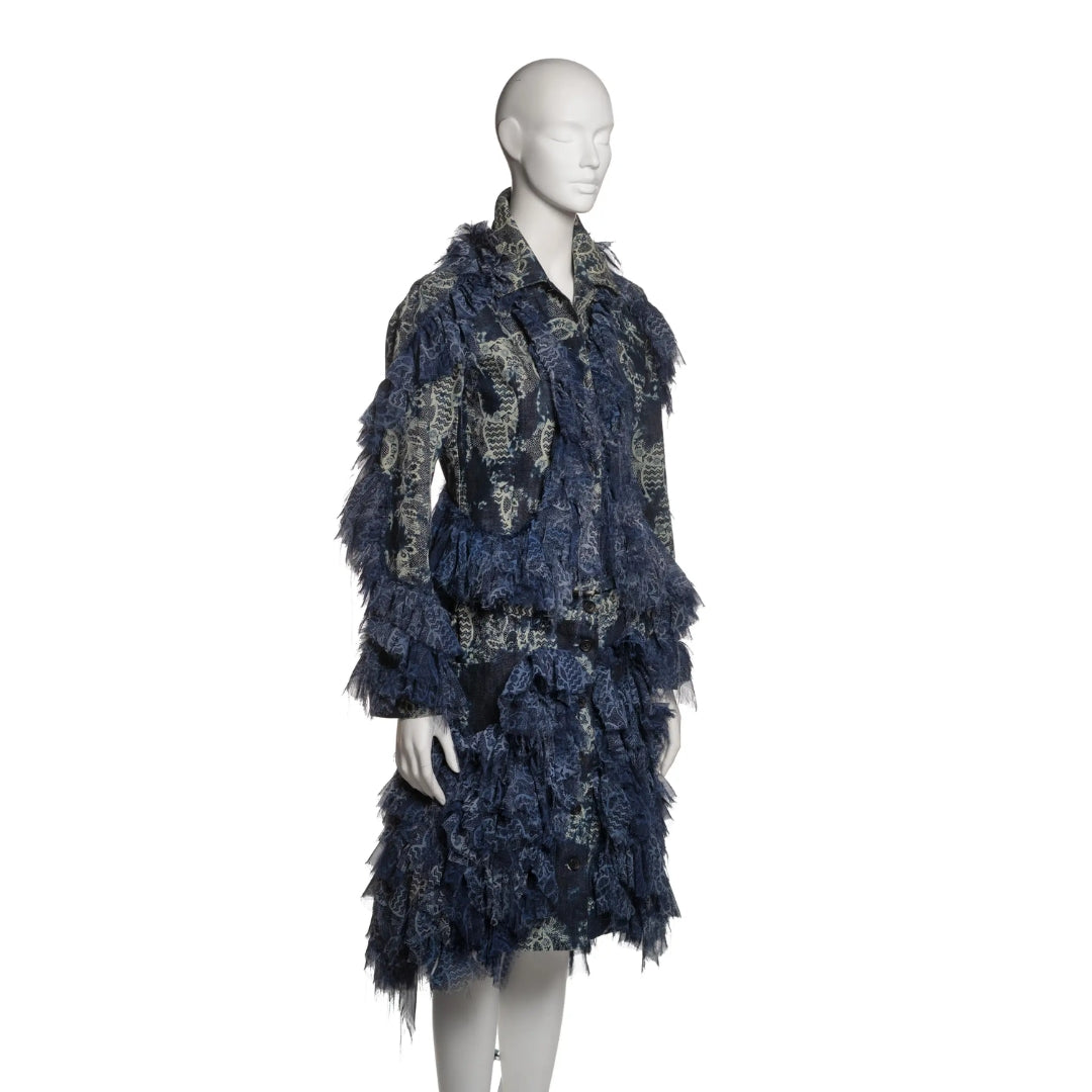 Issey Miyake FW 2003 - Blue Denim and Printed Chiffon Ruffled Jacket and Skirt