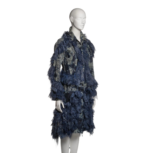 Issey Miyake FW 2003 - Blue Denim and Printed Chiffon Ruffled Jacket and Skirt
