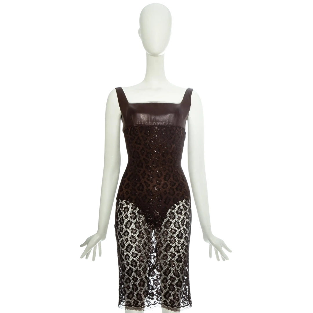 Atelier Versace SS 1996 - Brown leopard lamé lace and leather couture dress