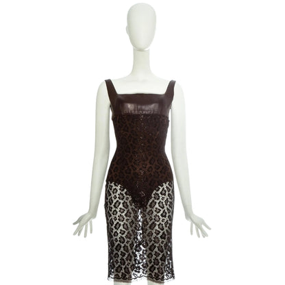 Atelier Versace SS 1996 - Brown leopard lamé lace and leather couture dress