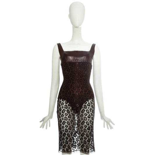 Atelier Versace SS 1996 - Brown leopard lamé lace and leather couture dress