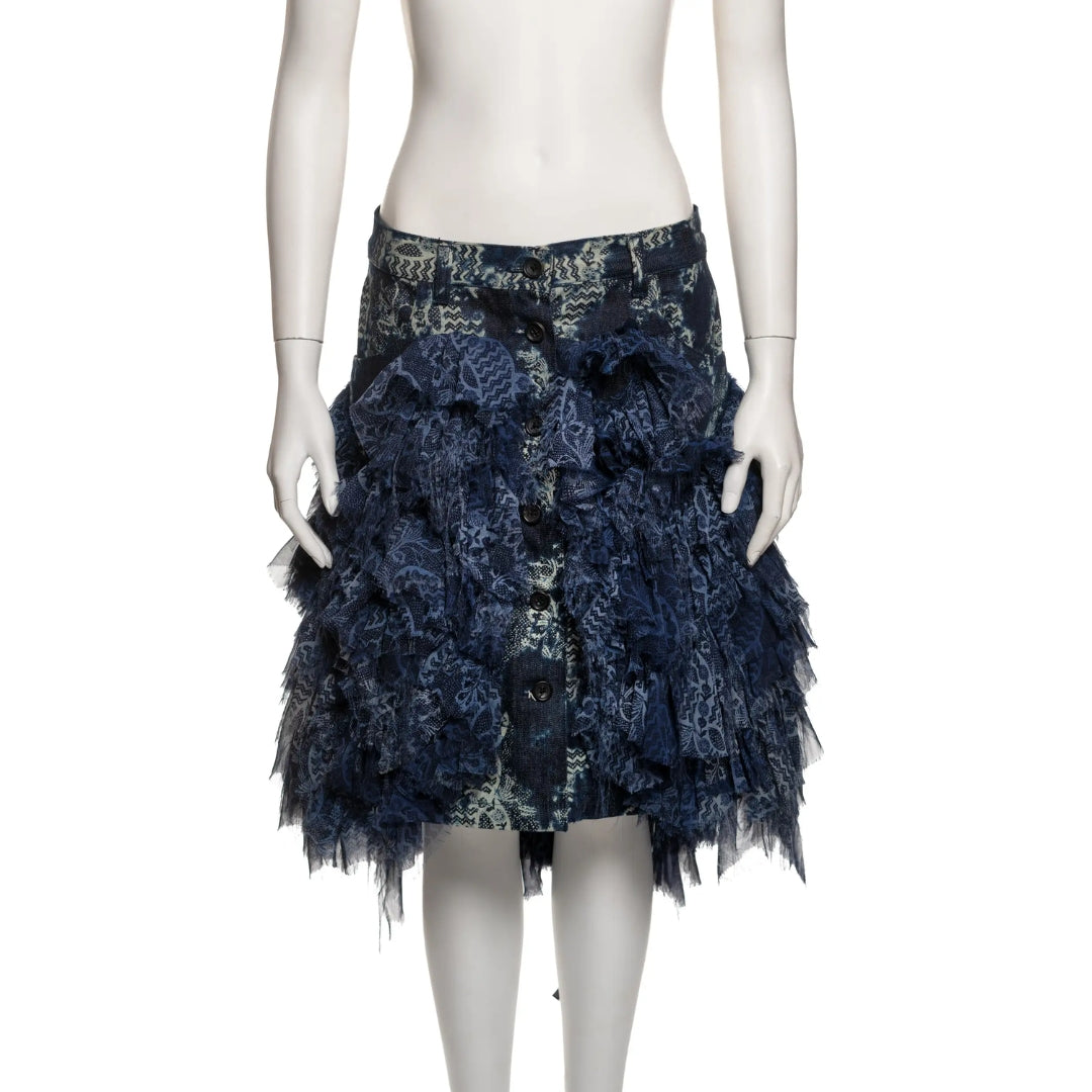 Issey Miyake FW 2003 - Blue Denim and Printed Chiffon Ruffled Jacket and Skirt