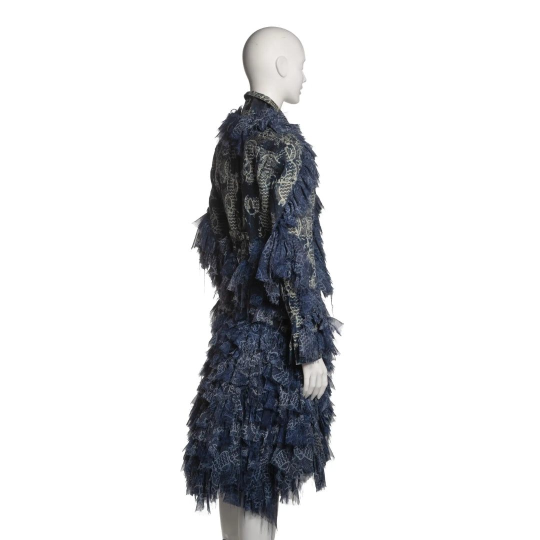 Issey Miyake FW 2003 - Blue Denim and Printed Chiffon Ruffled Jacket and Skirt