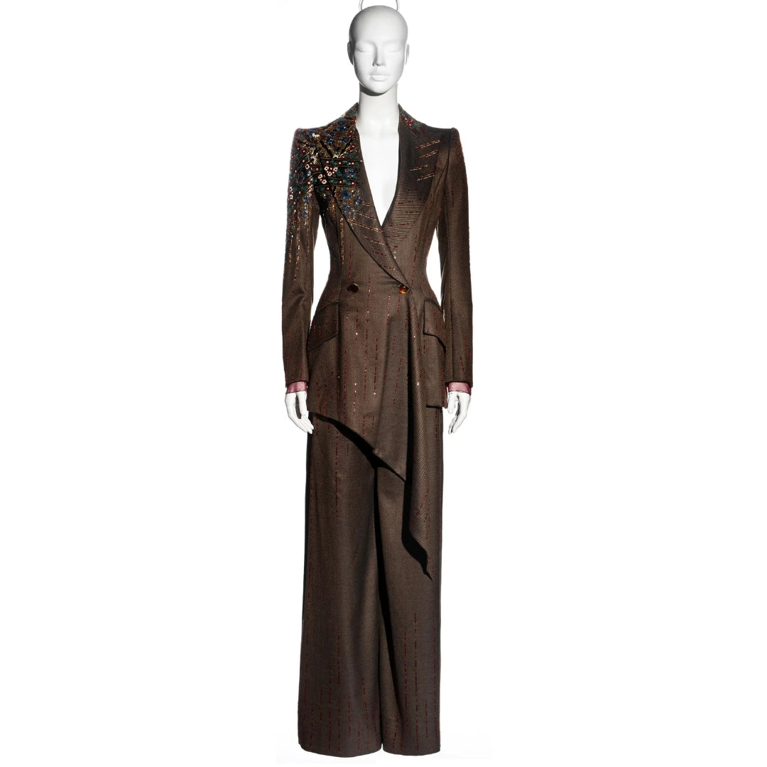 Jean-Louis Scherrer FW 2001 - Embellished brown wool pant suit