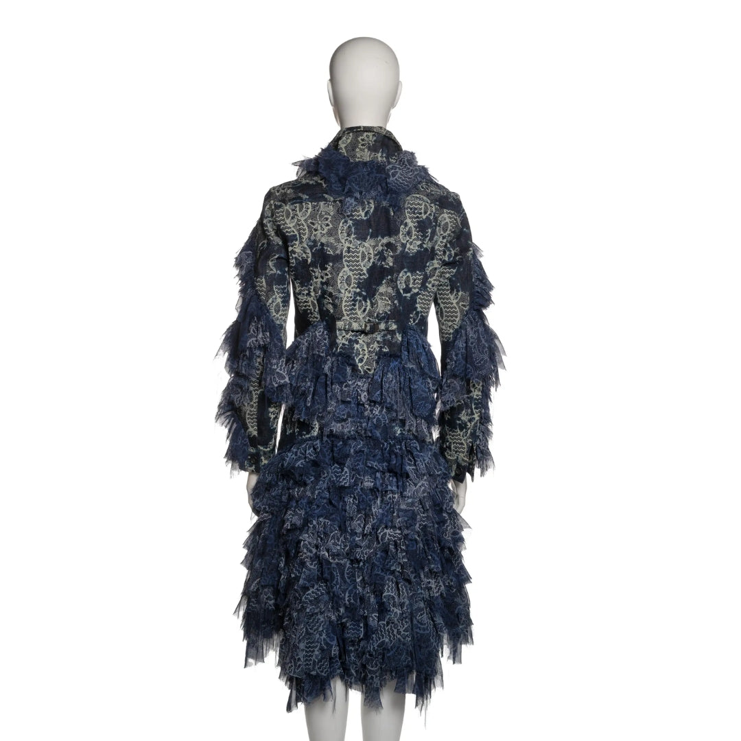 Issey Miyake FW 2003 - Blue Denim and Printed Chiffon Ruffled Jacket and Skirt