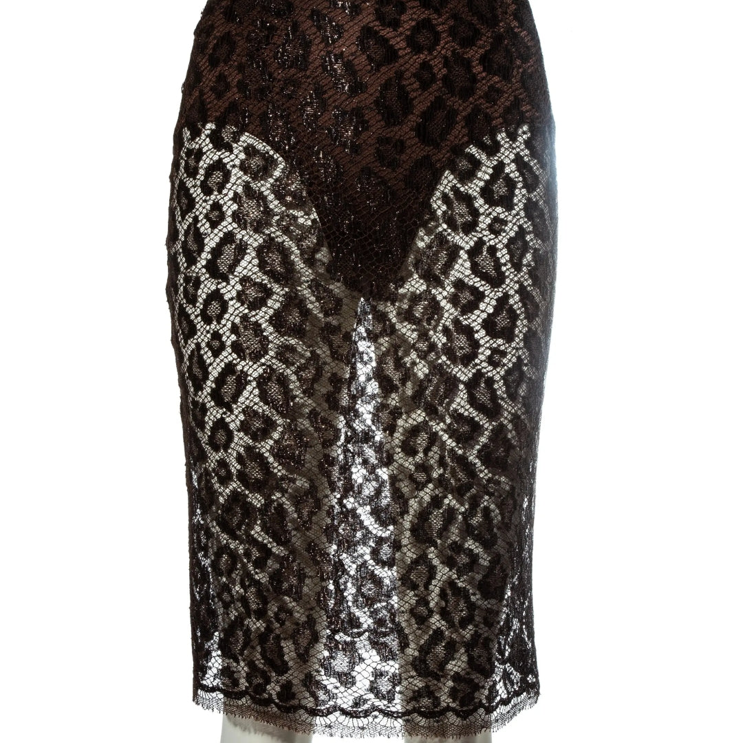 Atelier Versace SS 1996 - Brown leopard lamé lace and leather couture dress