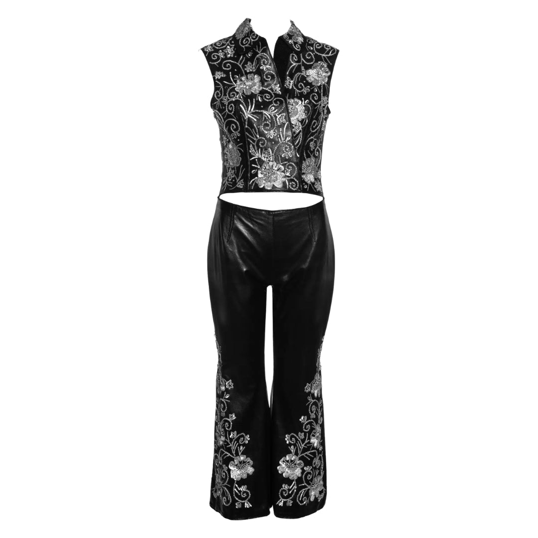 Dolce & Gabbana FW 1999 - Black embroidered leather pant suit with embellishments