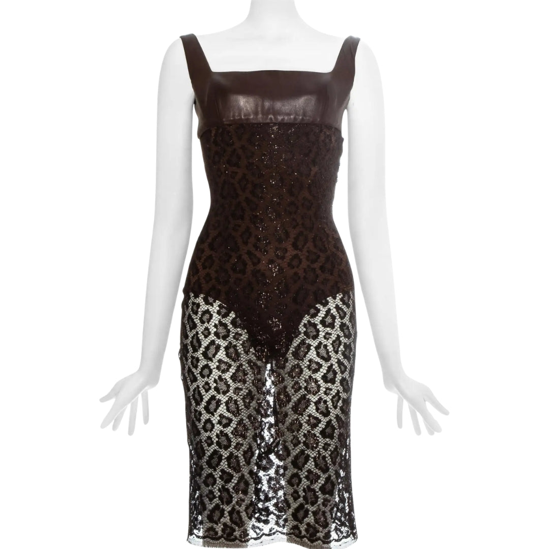 Atelier Versace SS 1996 - Brown leopard lamé lace and leather couture dress