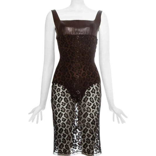 Atelier Versace SS 1996 - Brown leopard lamé lace and leather couture dress