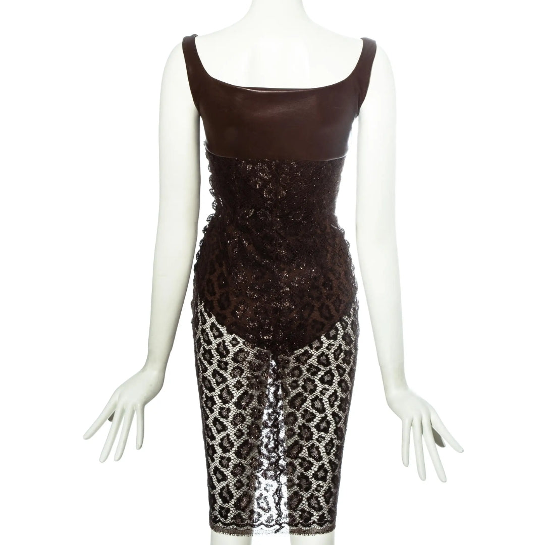 Atelier Versace SS 1996 - Brown leopard lamé lace and leather couture dress
