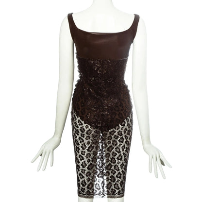 Atelier Versace SS 1996 - Brown leopard lamé lace and leather couture dress