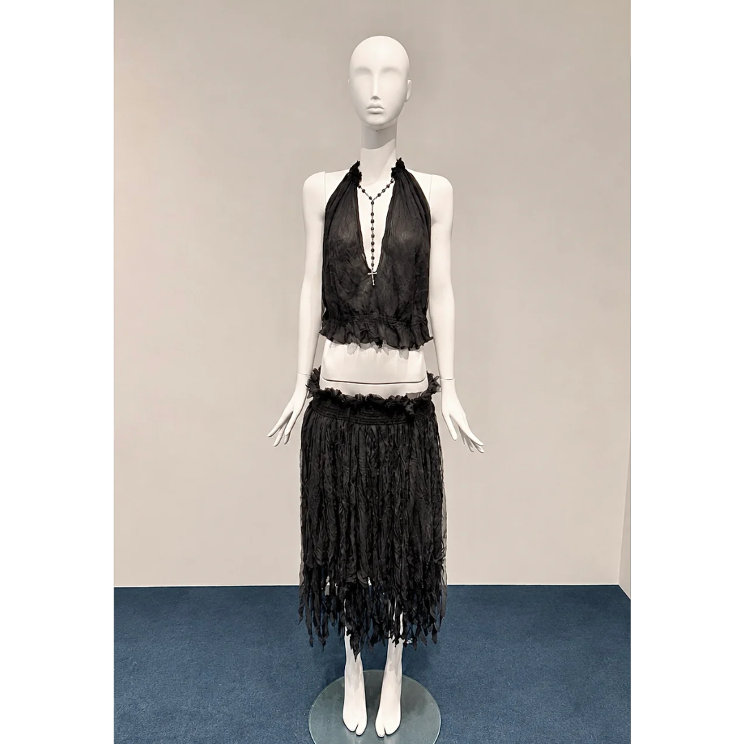 Alexander McQueen Spring/Summer 2003 rosary cross top and fringe skirt set