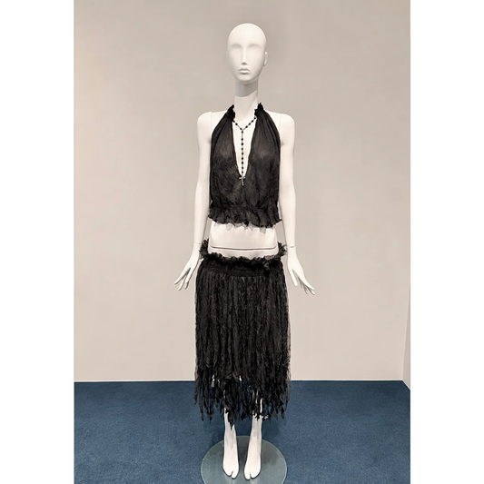 Alexander McQueen Spring/Summer 2003 rosary cross top and fringe skirt set