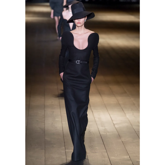Saint Laurent FW 2018 by Anthony Vaccarello long black gown with sculptural shoulders