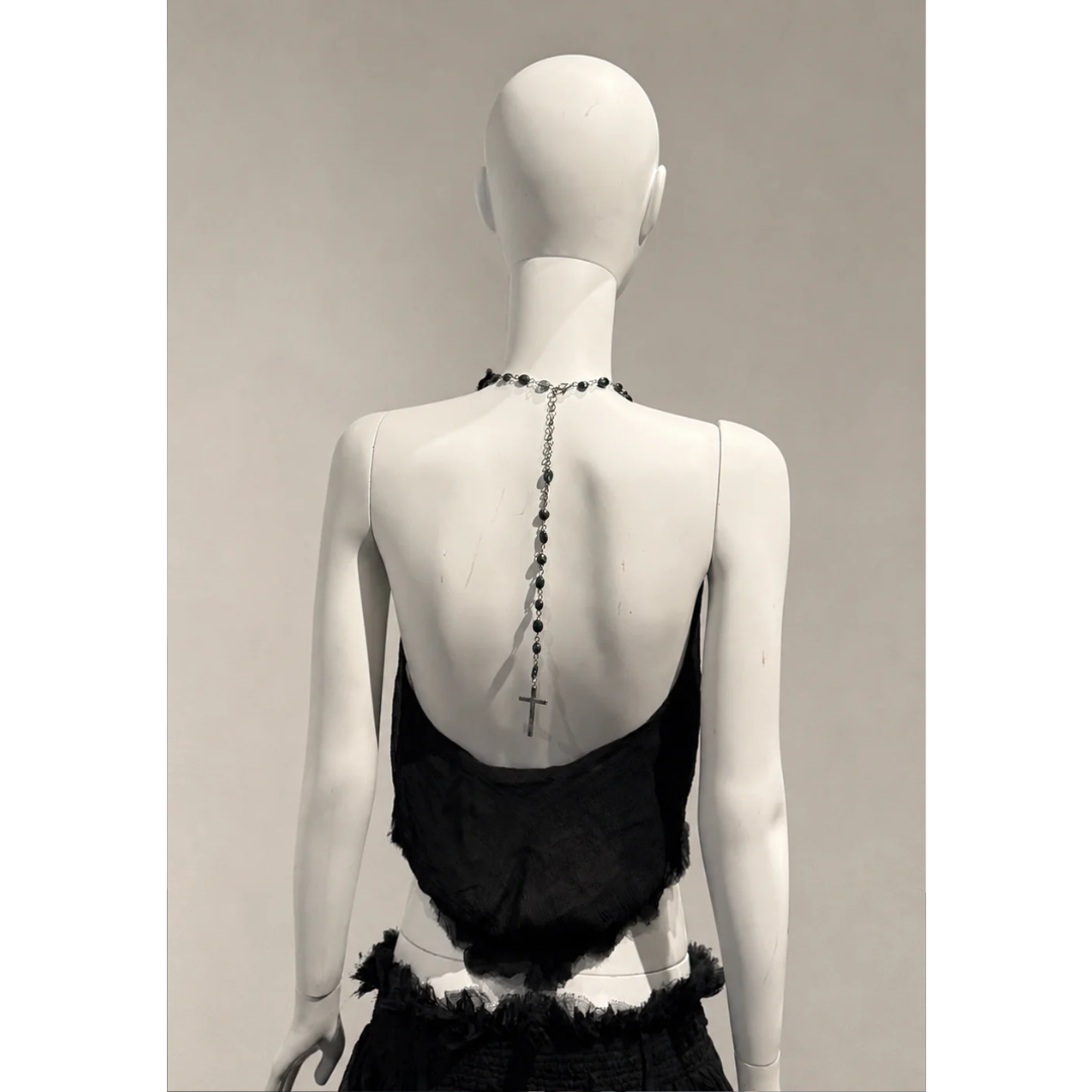 Alexander McQueen Spring/Summer 2003 rosary cross top and fringe skirt set