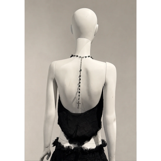 Alexander McQueen Spring/Summer 2003 rosary cross top and fringe skirt set