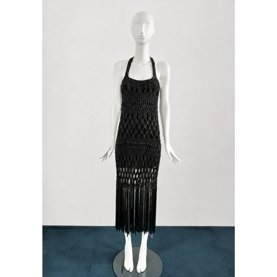 Alberta Ferretti 1997 Black crochet fringe dress