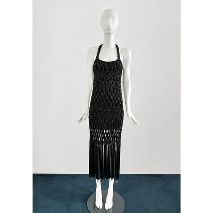 Alberta Ferretti 1997 Black crochet fringe dress
