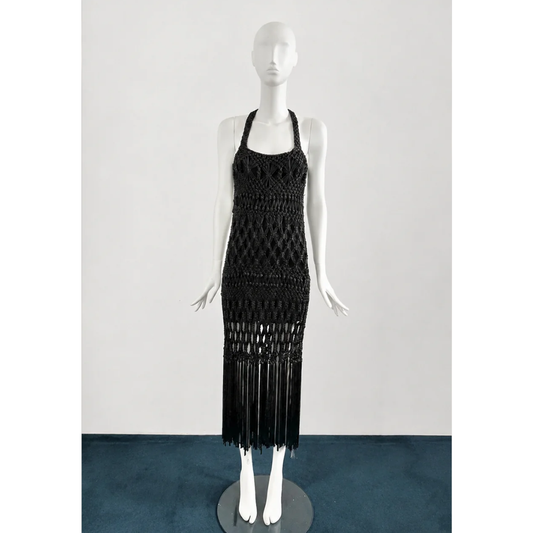 Alberta Ferretti 1997 Black crochet fringe dress