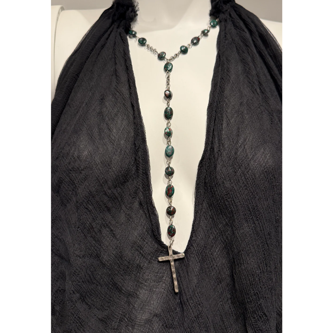 Alexander McQueen Spring/Summer 2003 rosary cross top and fringe skirt set