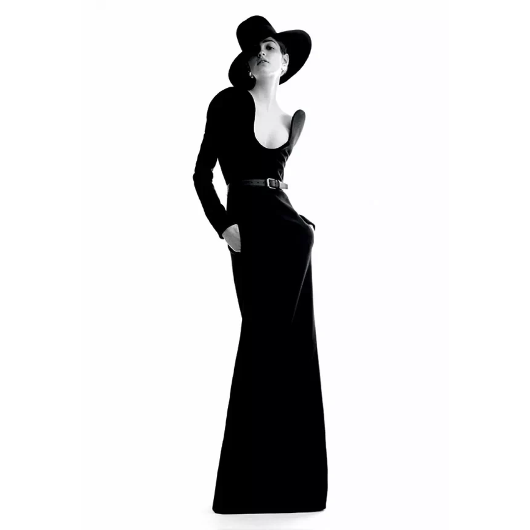 Saint Laurent FW 2018 by Anthony Vaccarello long black gown with sculptural shoulders