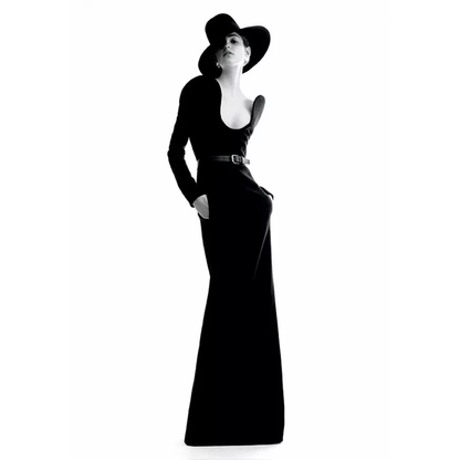 Saint Laurent FW 2018 by Anthony Vaccarello long black gown with sculptural shoulders