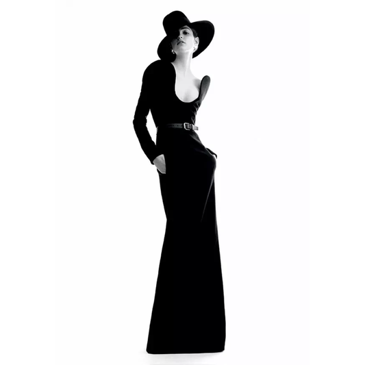 Saint Laurent FW 2018 by Anthony Vaccarello long black gown with sculptural shoulders