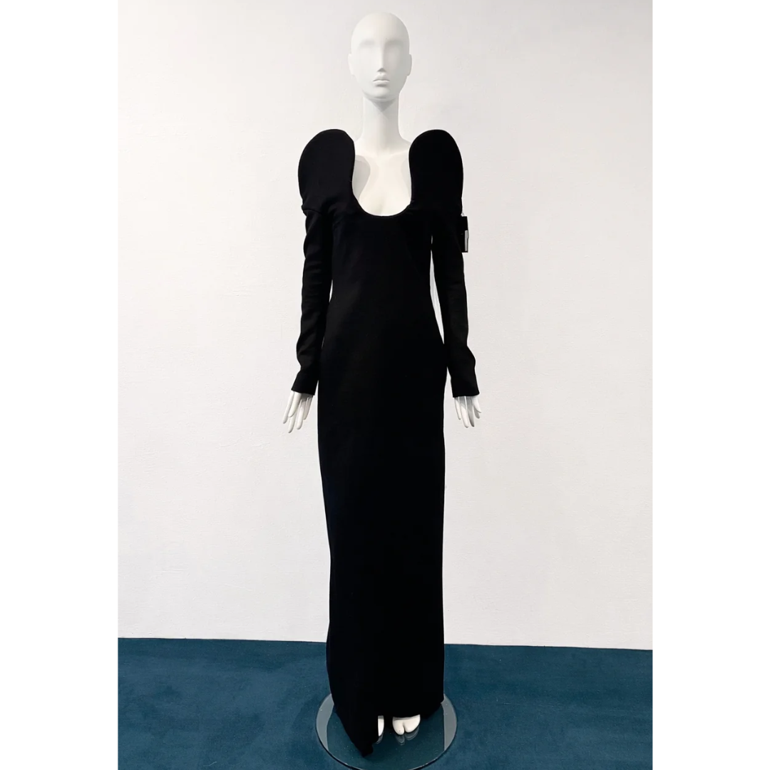 Saint Laurent FW 2018 by Anthony Vaccarello long black gown with sculptural shoulders