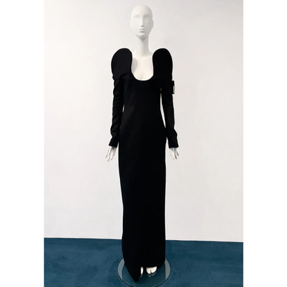 Saint Laurent FW 2018 by Anthony Vaccarello long black gown with sculptural shoulders