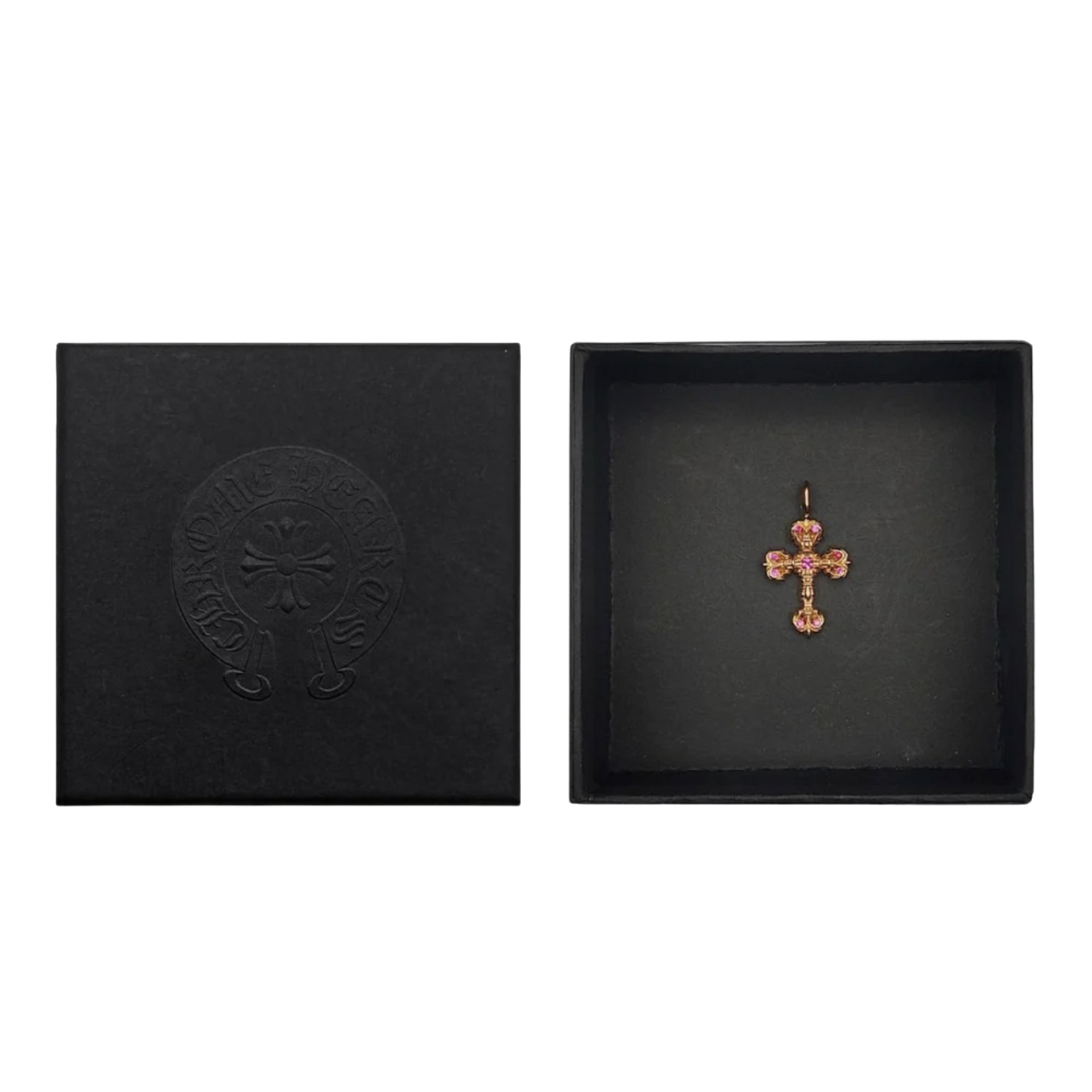 Chrome Hearts  22K Gold Pink Saph Filigree Cross Charm Pendant