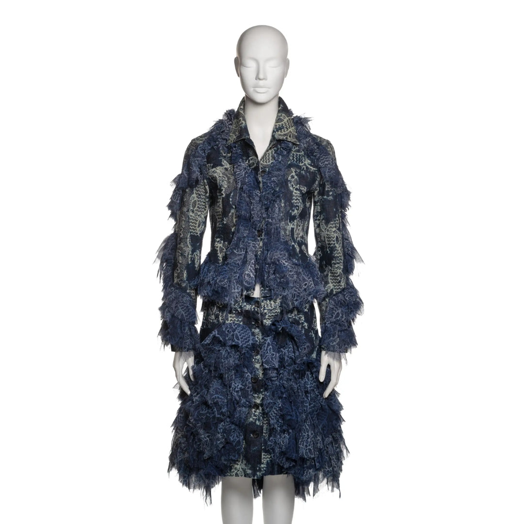 Issey Miyake FW 2003 - Blue Denim and Printed Chiffon Ruffled Jacket and Skirt