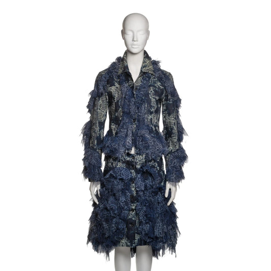 Issey Miyake FW 2003 - Blue Denim and Printed Chiffon Ruffled Jacket and Skirt